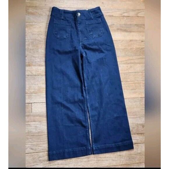 Anthropologie Colette Crop Pants Wide Leg Maeve Dark BLUE Denim Navy Sz 30 - Picture 4 of 6
